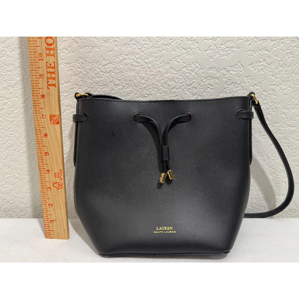 LAUREN RALPH LAUREN Debby II Leather Drawstring Bag Purse Black w Dust Bag 9"